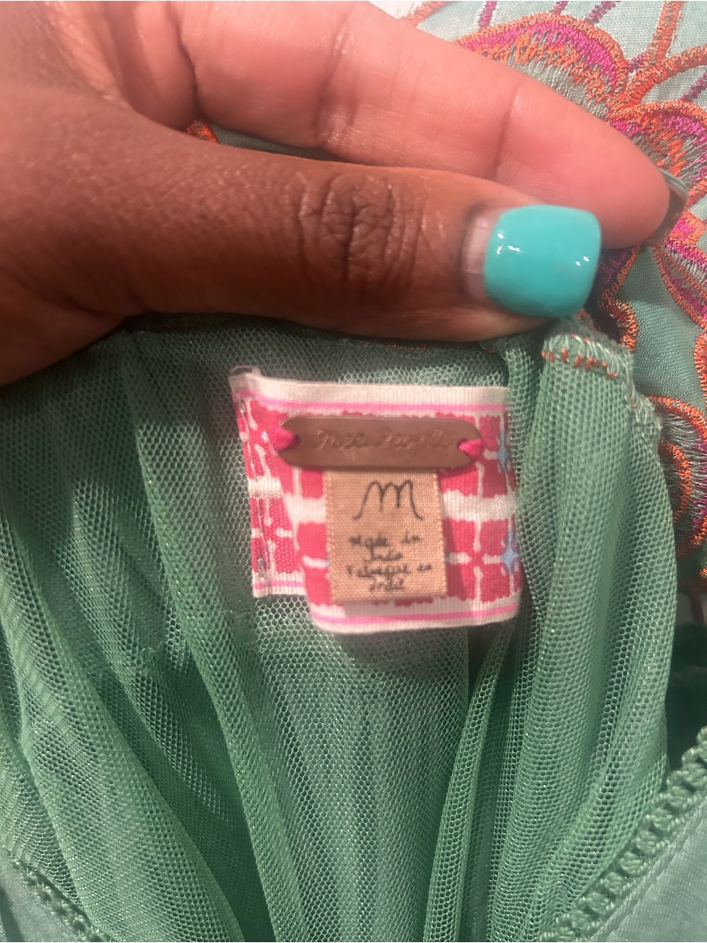 Free People Green Midi Dress with Pink & Orange Embroidery - Picture 3 of 3